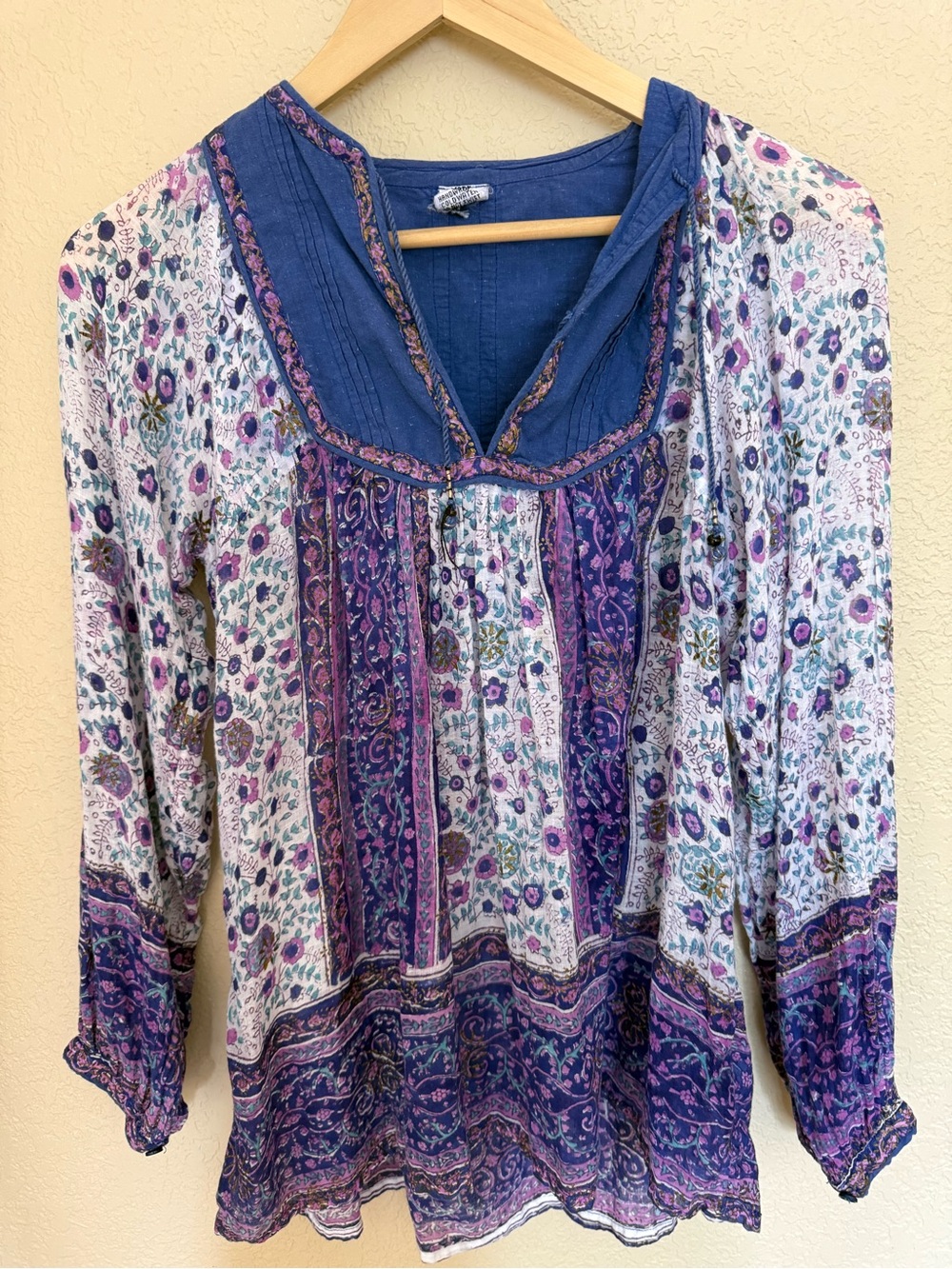 Purple Floral Boho Blouse with Blue Yoke